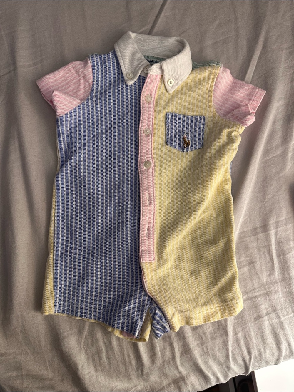 Ralph Lauren Pastel Striped Button-Front Baby Romper - Blue, Yellow & Pink